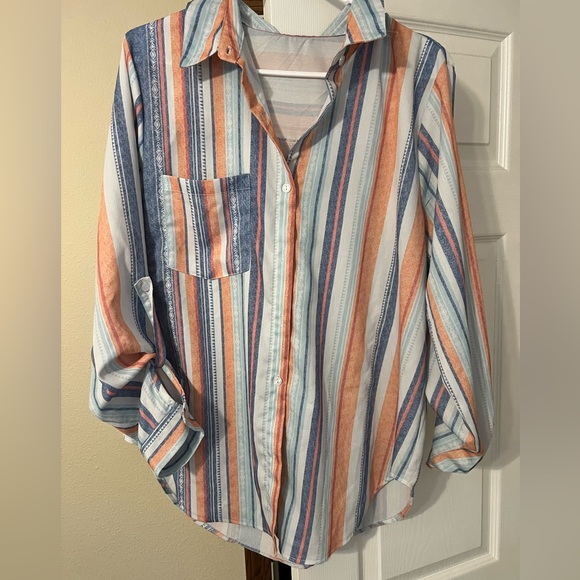 Astylish Womens V Neck Striped Roll up Sleeve Button Down Blouses Top - Picture 2 of 2